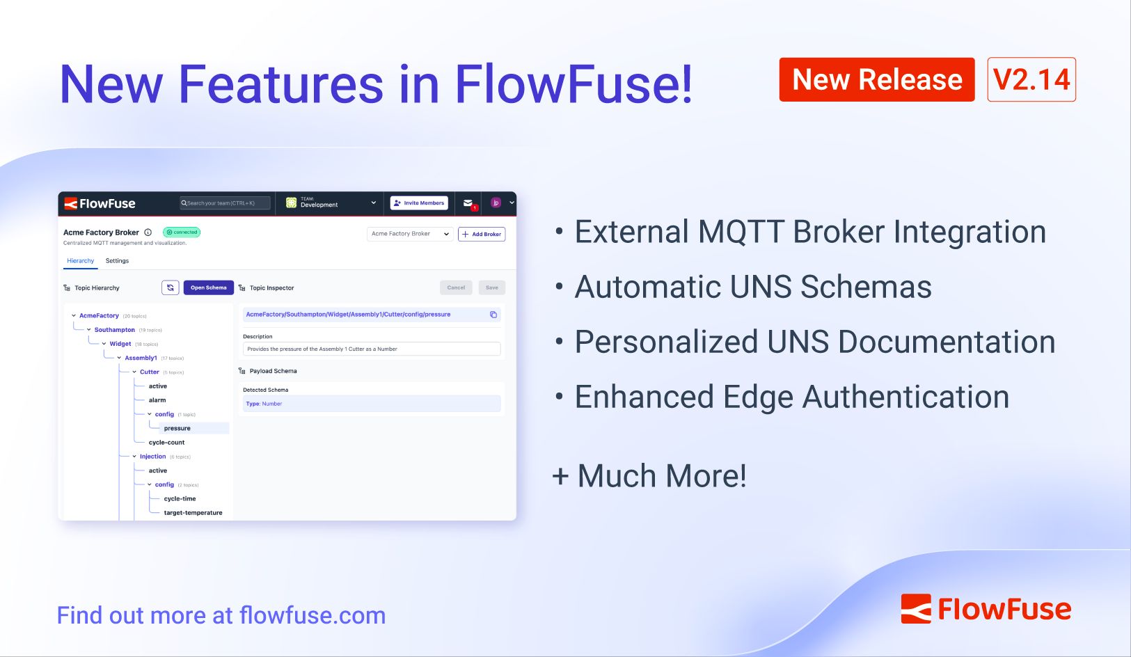 Image representing FlowFuse 2.14: Announcing Third-Party Broker Integration, UNS Schemas, Enhanced Auth on Remote Instances and more!