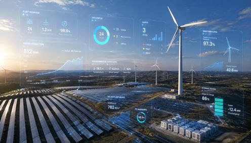 Aerial view of a wind and solar farm with data overlay showing real-time monitoring metrics.