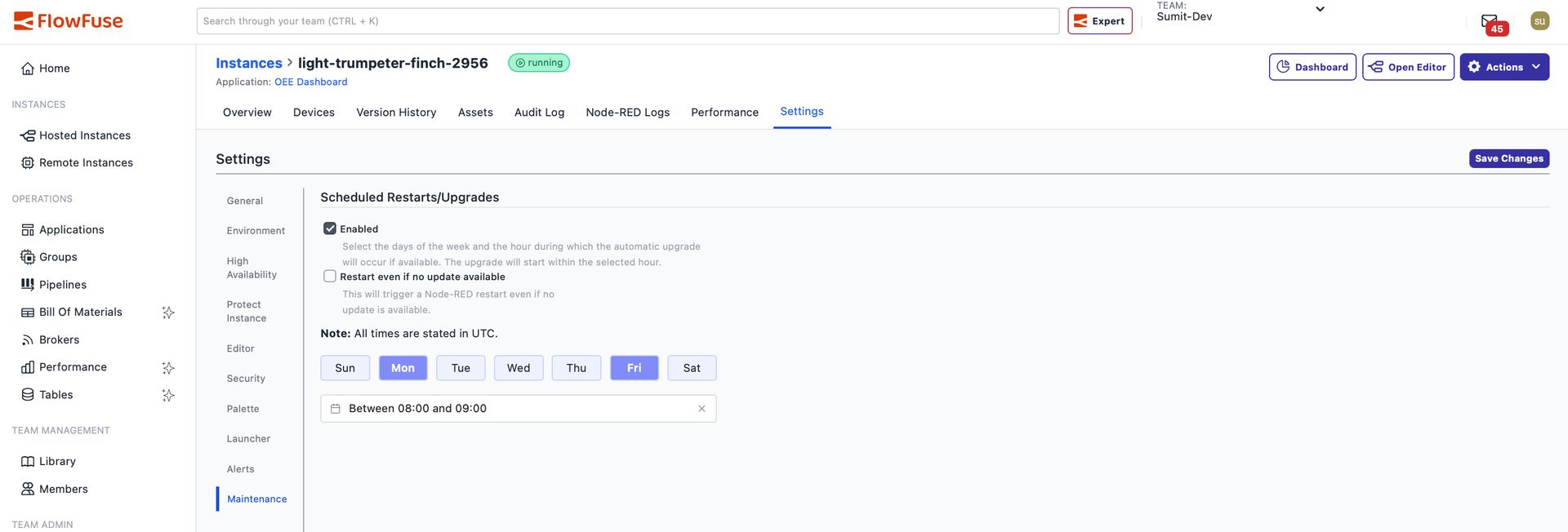 FlowFuse scheduled update configuration