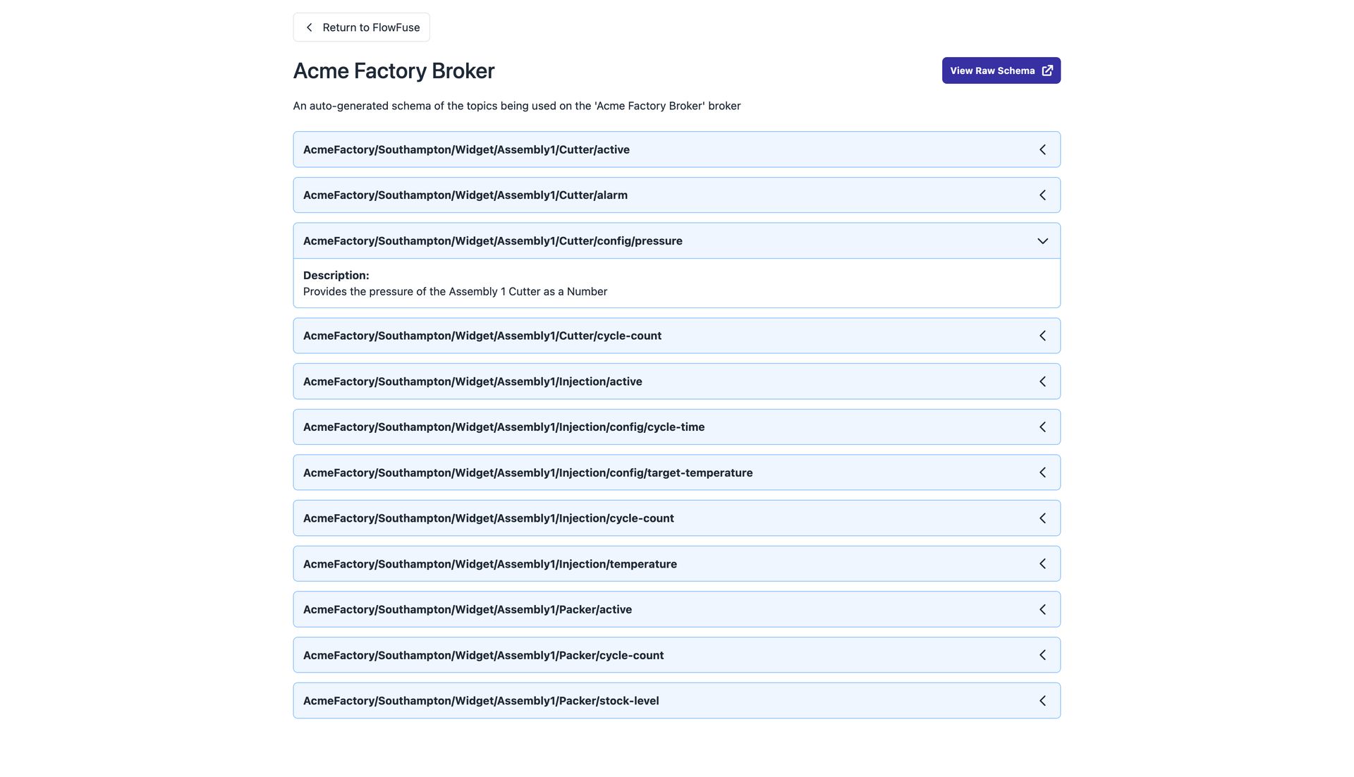 Screenshot of the new MQTT Broker schema documentation view available in FlowFuse