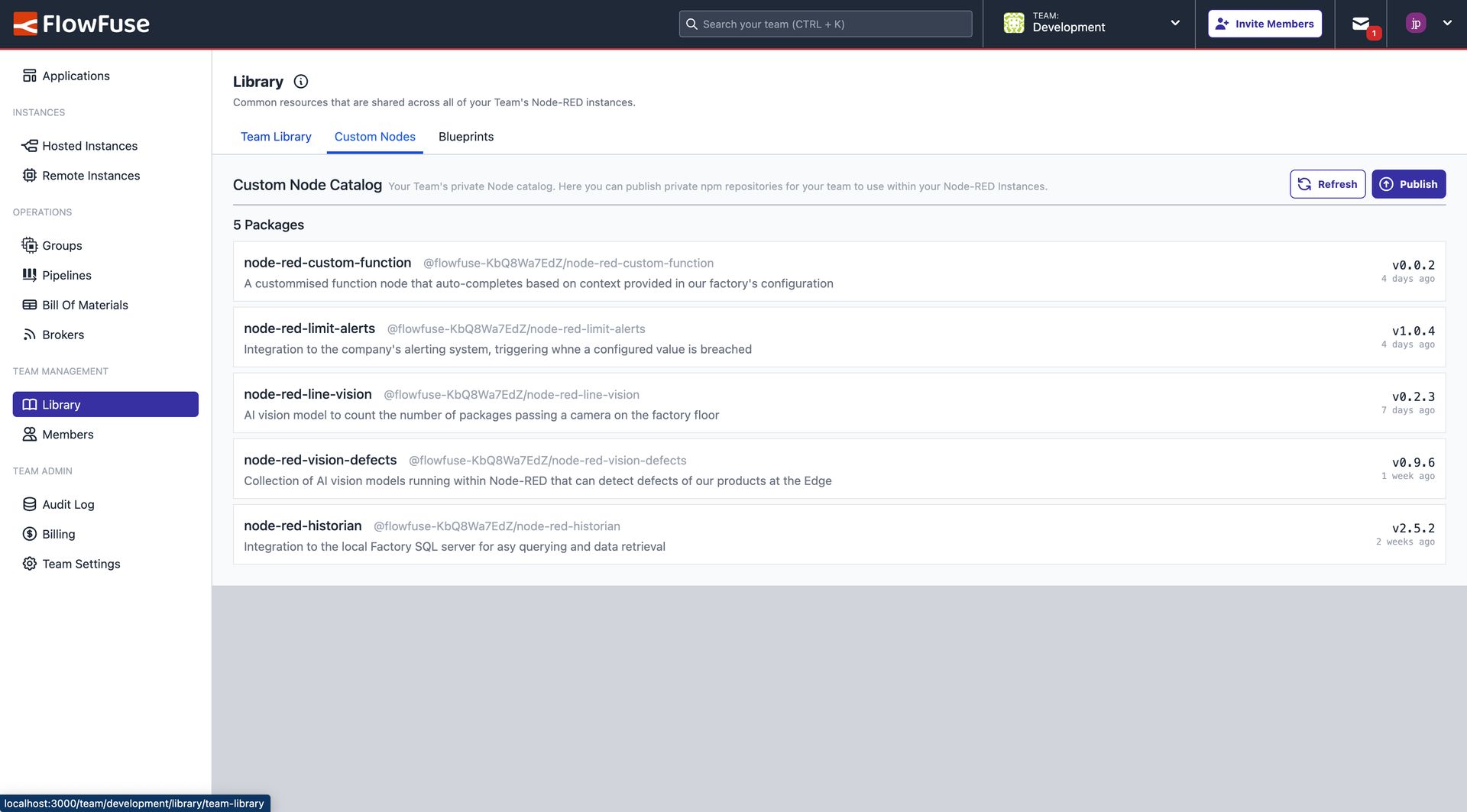 Screenshot of the new "Custom Nodes" view in Team Library"