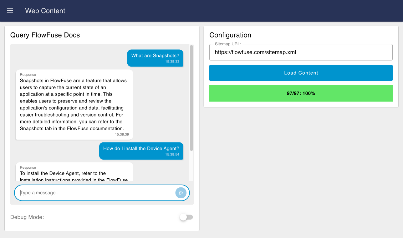 Screenshot of the chat interface for the AI agent trained on FlowFuse documentation