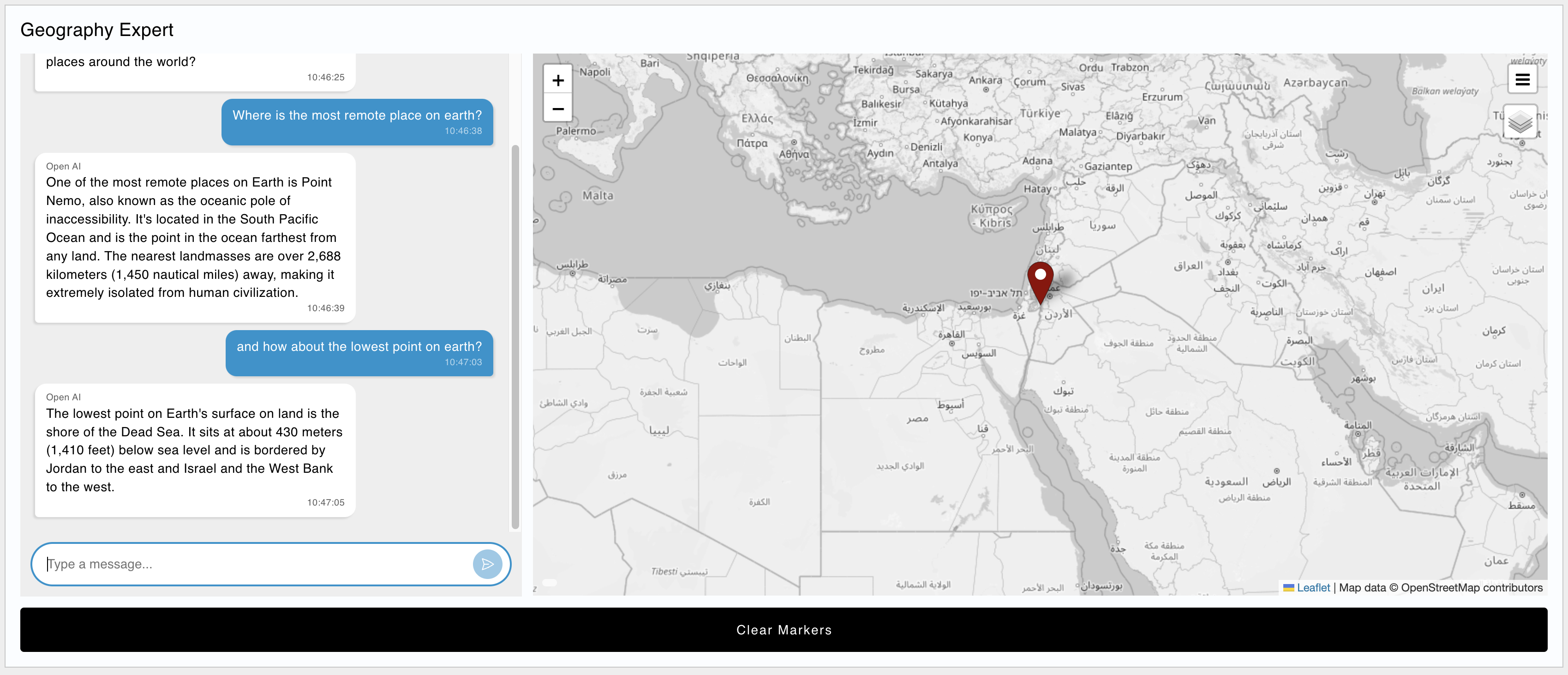 Screenshot of a Dashboard with a Chat interface to an OpenAI Agent, which integrates with a Worldmap to display location information