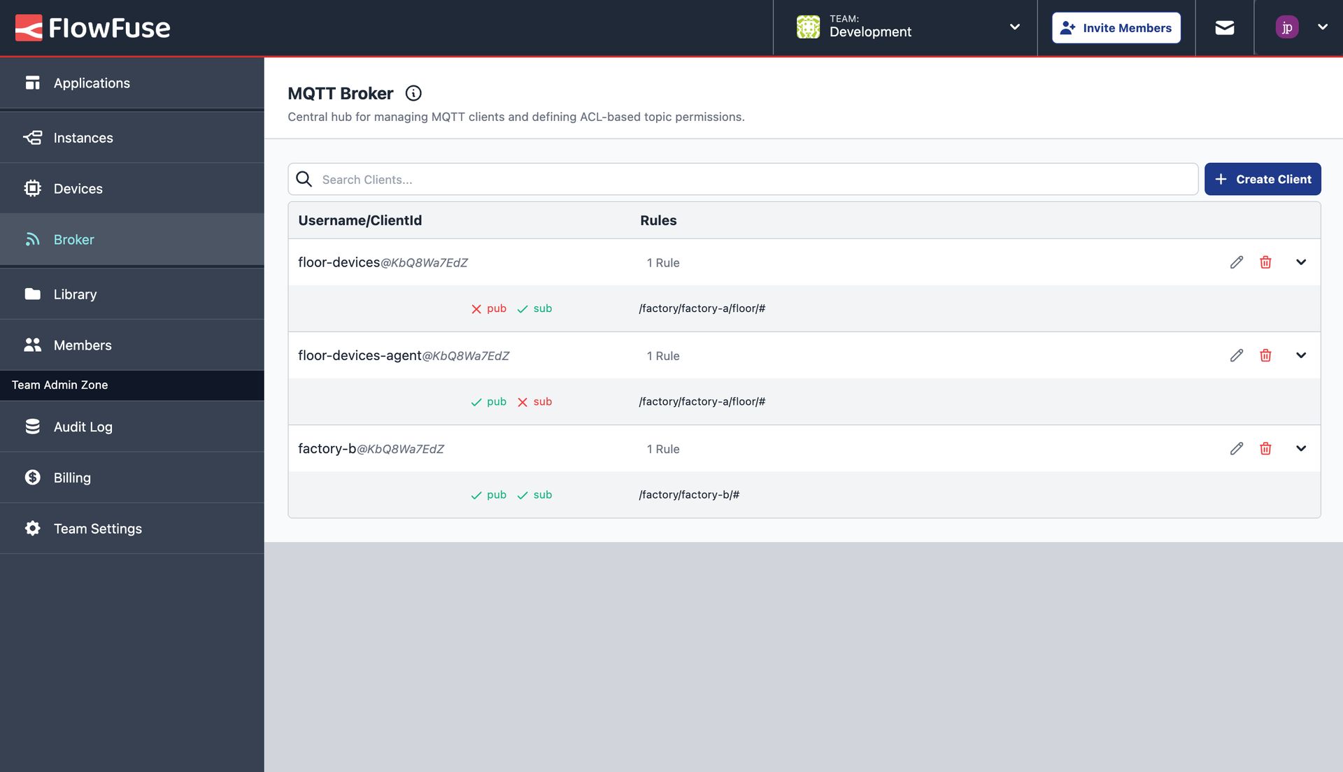 Screenshot of the UI to manage your MQTT clients