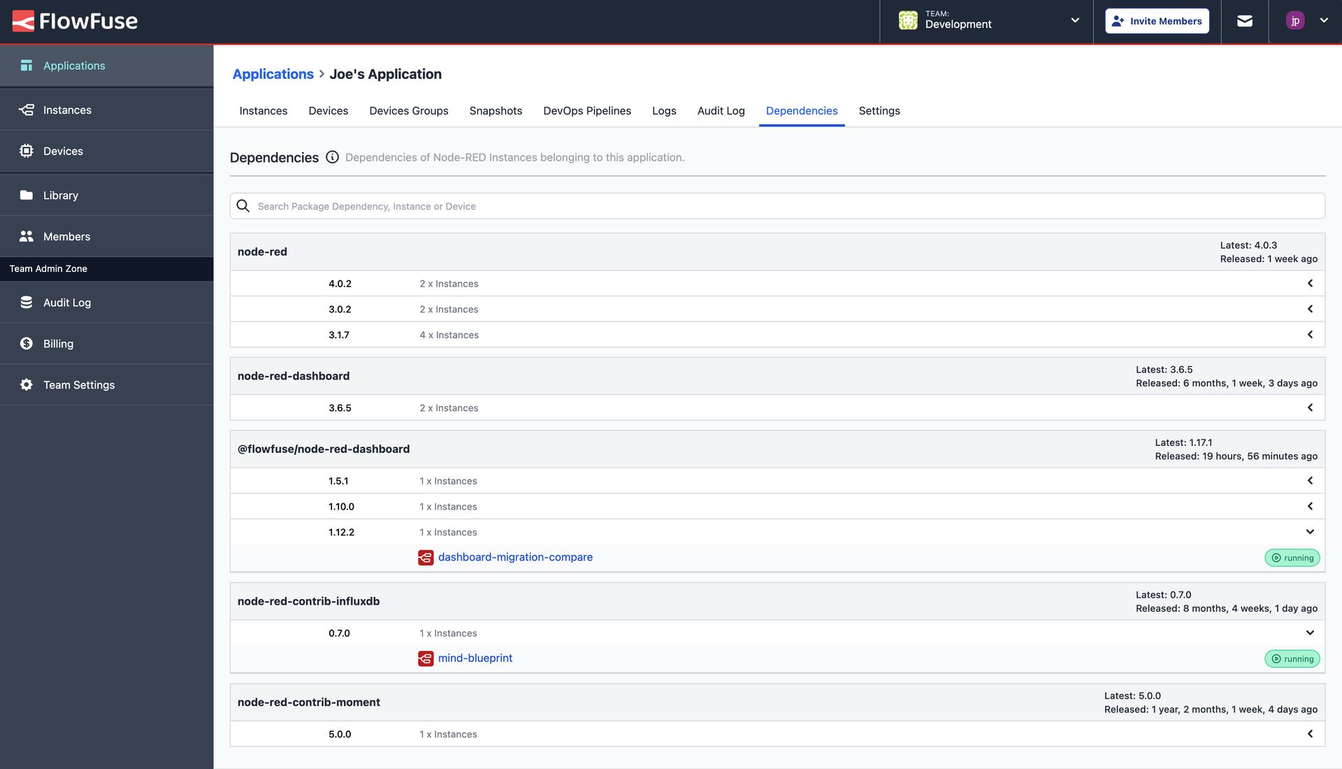 Screenshot showing the new Software Bill of Materials view in FlowFuse