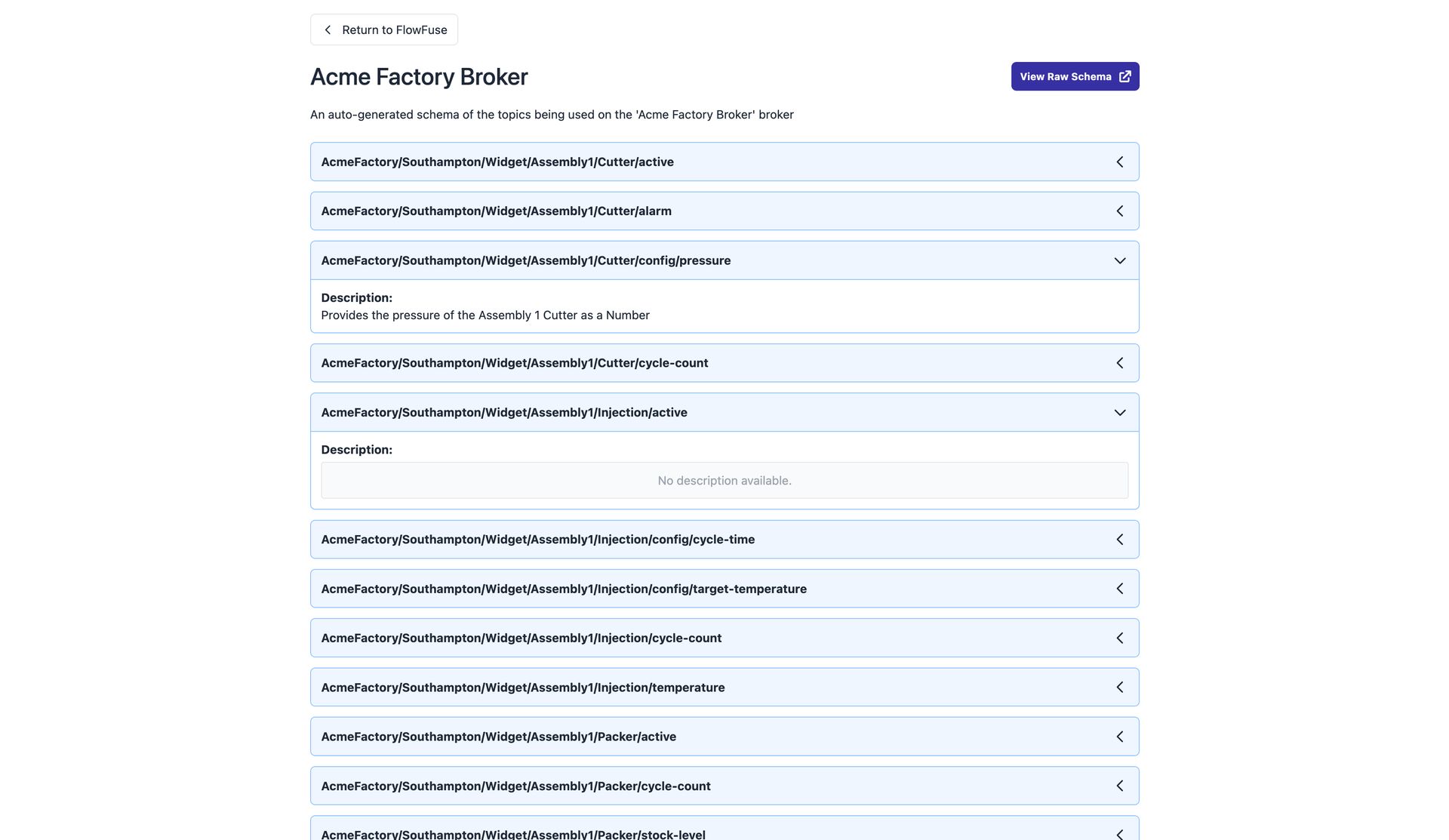 Screenshot of the new "Schema Documentation" view provided for brokers on FlowFuse