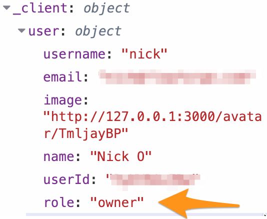 Screenshot showing the inclusion of the user's role within Dashboard's "user" object