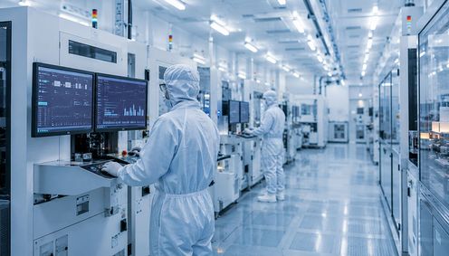 Engineers monitoring semiconductor manufacturing equipment in a cleanroom production facility
