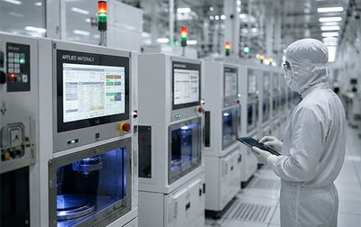 Semiconductor engineer monitoring production equipment in a cleanroom facility
