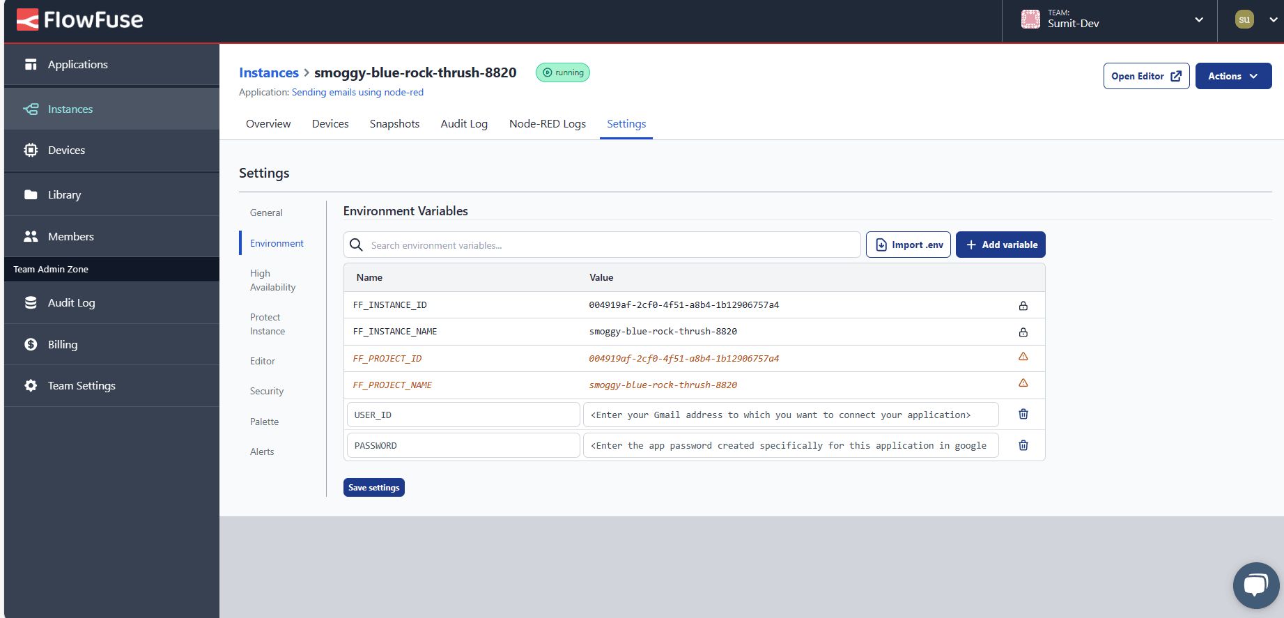 "Screenshot of FlowFuse instance settings Environment tab"