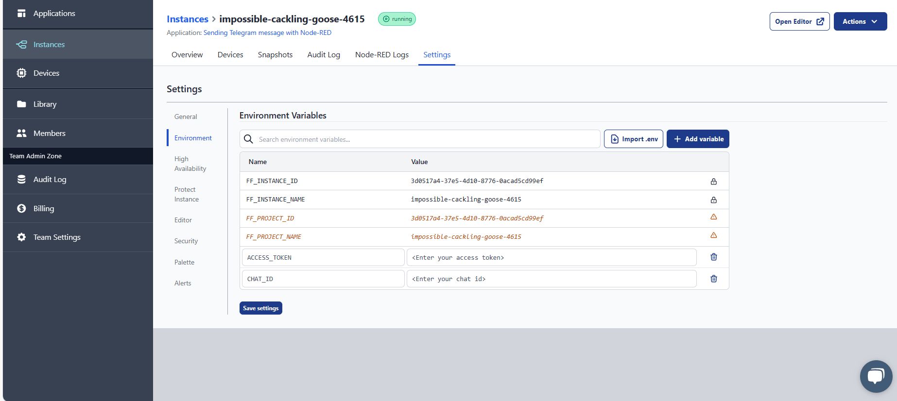 "Screenshot displaying flowfuse instance settings for adding environment varible"