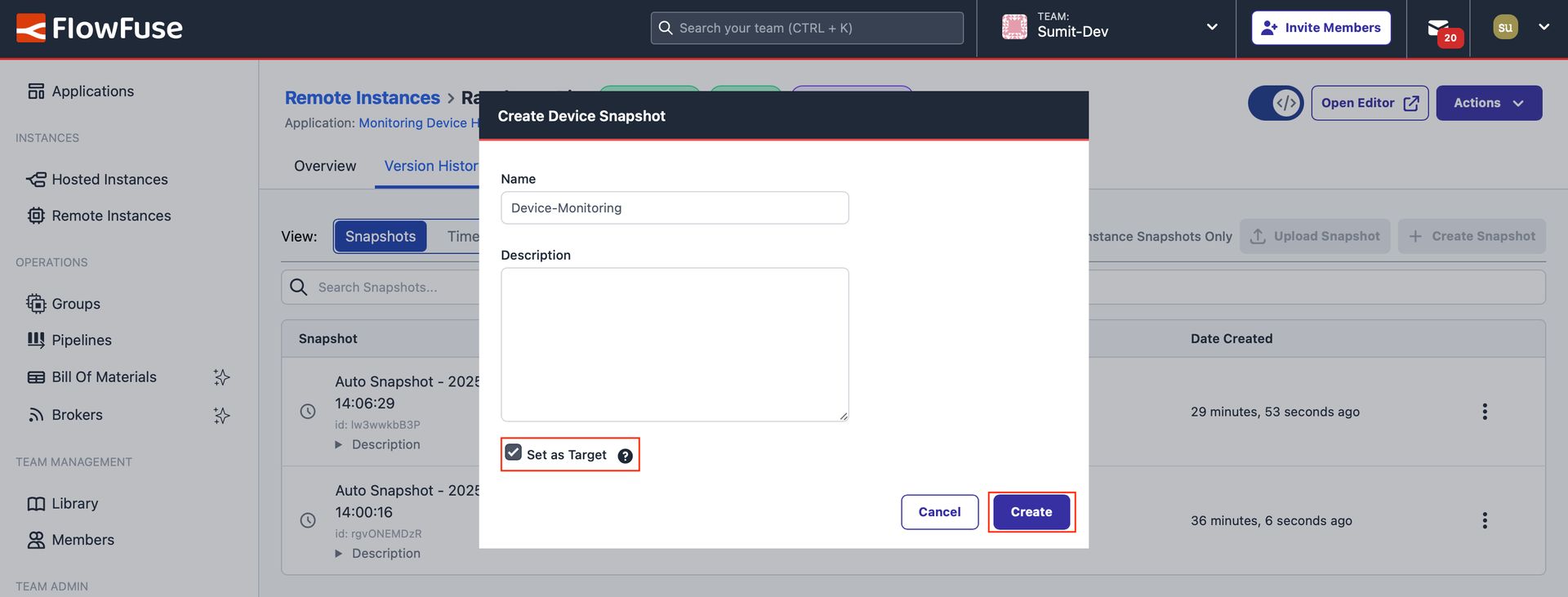 "Showing the form to create a snapshot and the "Set as Target" option."