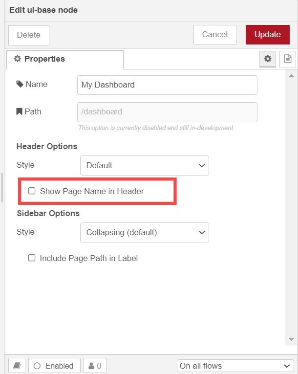 "Screenshot showing the 'Show page name in the header bar' option in the dashboard settings"