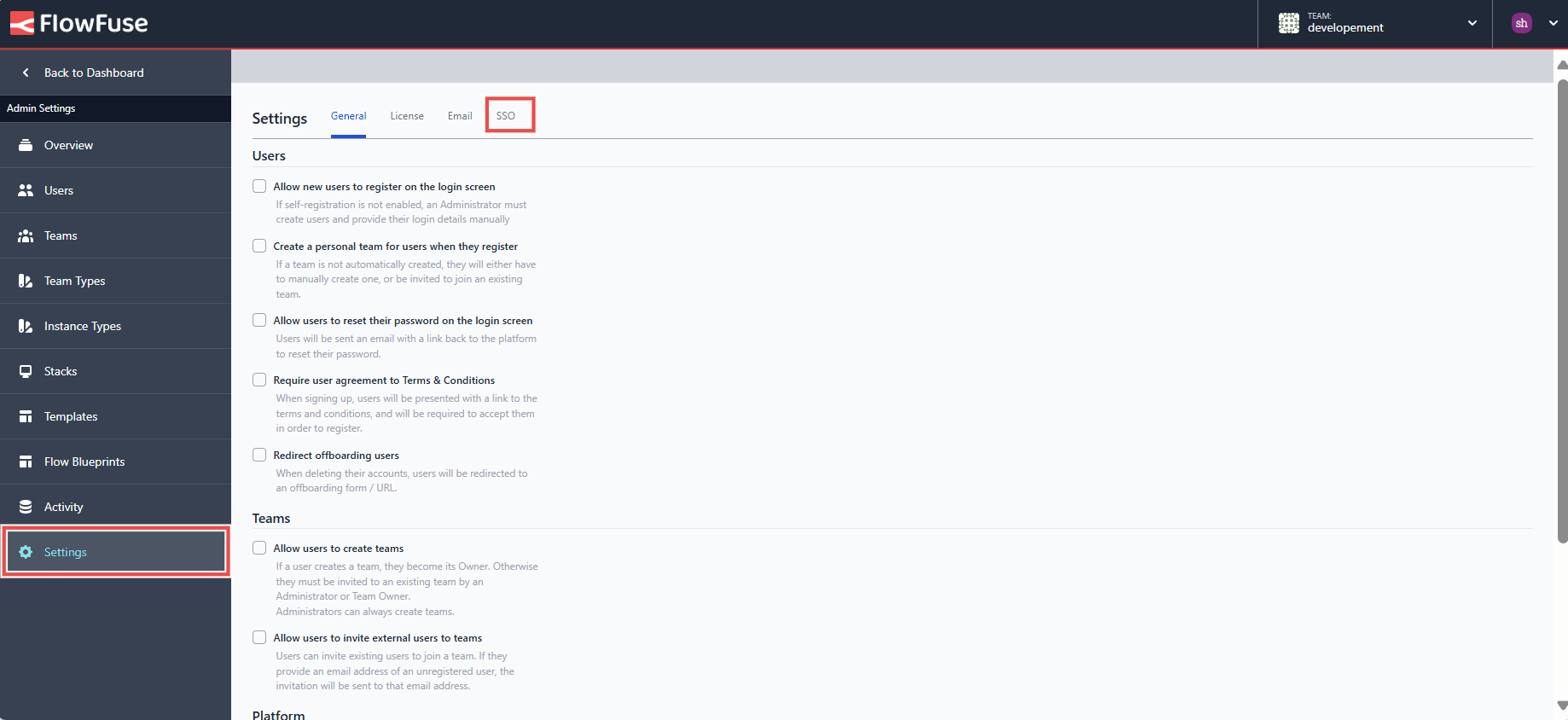 Screenshot showing the sso section in the admin settings "Screenshot showing the sso section in the admin settings"
