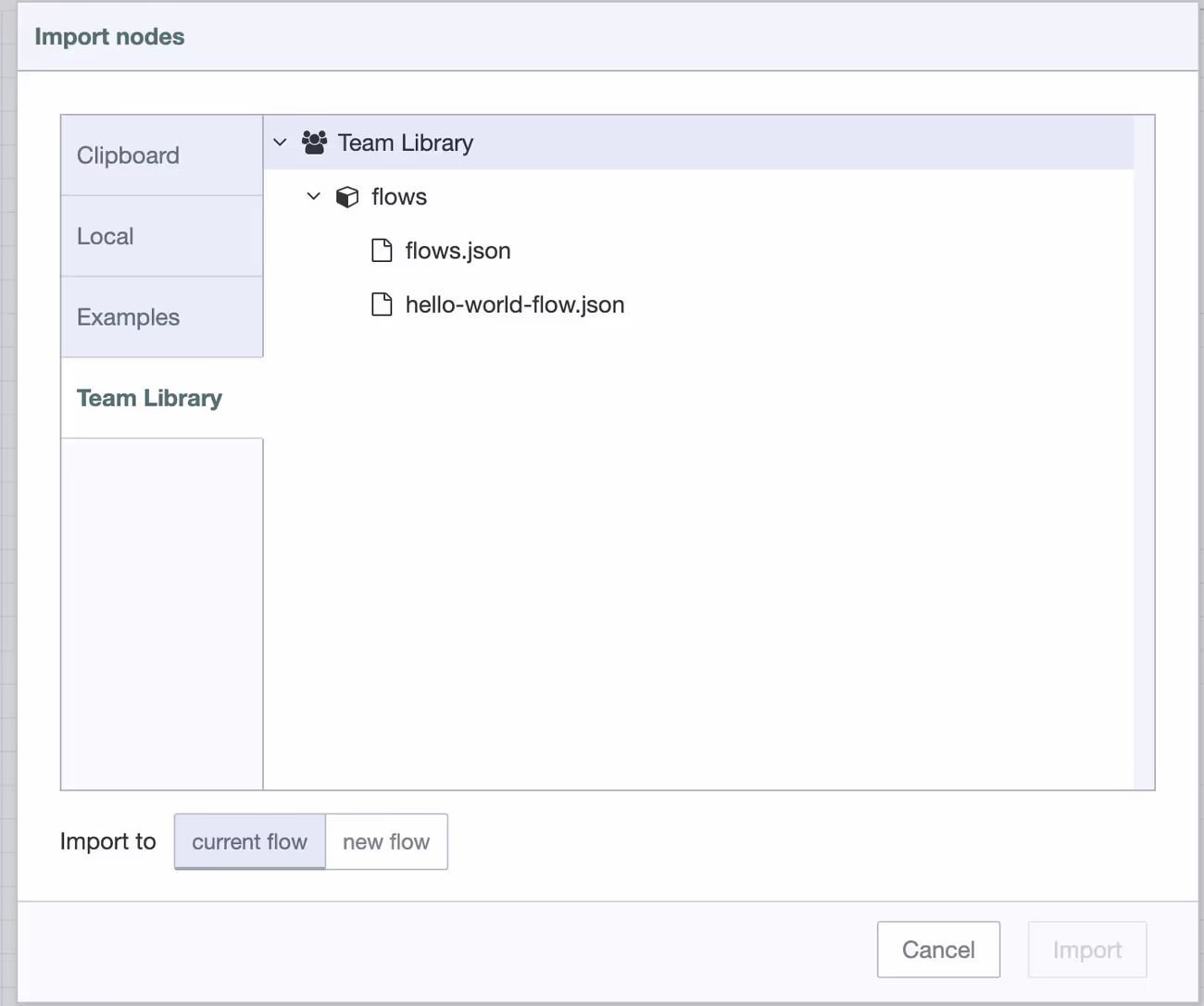 A screenshot of the Shared Flow Library in FlowFuse, showing a list of flows available for import and reuse by team members in any Node-RED instance.