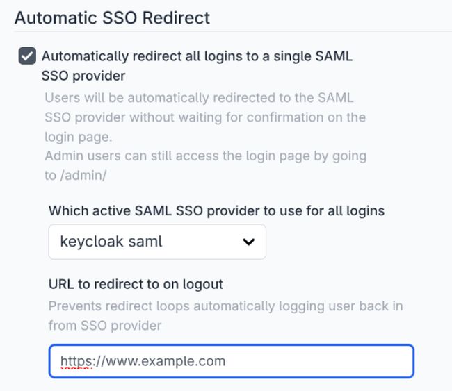 Admin settings for Automatic SSO Redirect