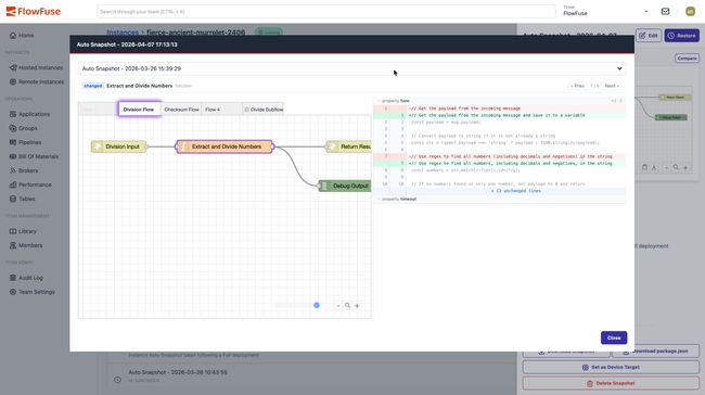 Screenshot showing a code diff for a function node with red and green line-level changes