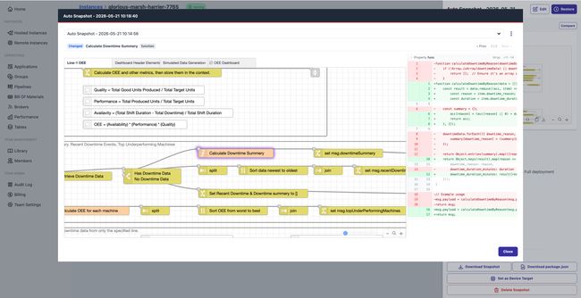 FlowFuse snapshot diff showing a function node with line-by-line code changes highlighted between two deployments
