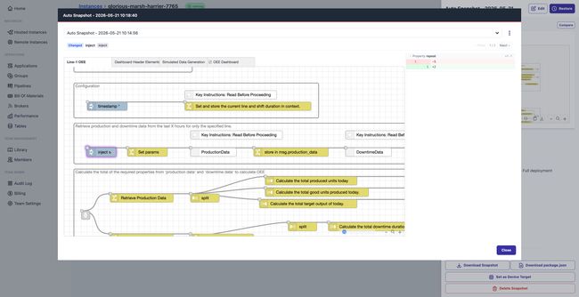 FlowFuse snapshot diff showing modified node properties with changed configuration values highlighted between two snapshots