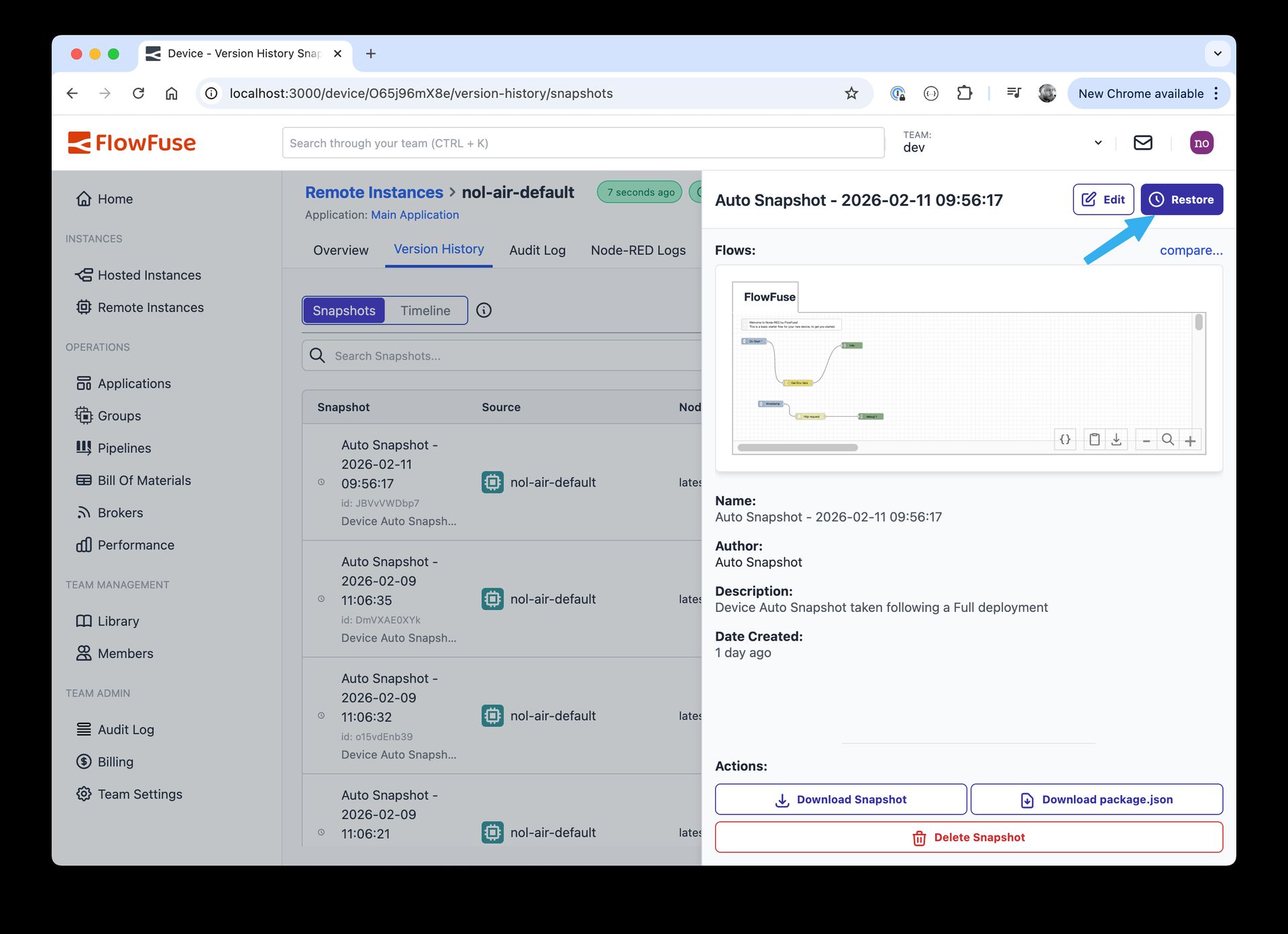 Restoring a snapshot to a Developer-Mode Remote Instance