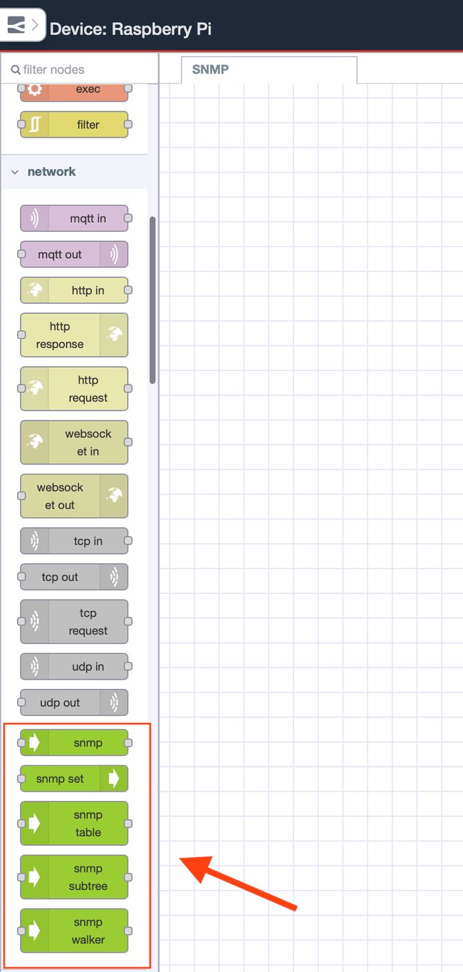 SNMP nodes available in the Node-RED palette after installing node-red-node-snmp