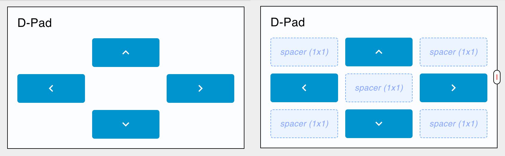 (left) A d-pad controller layout using spacers, (right) the spacer's highlighted to demonstrate their positioning