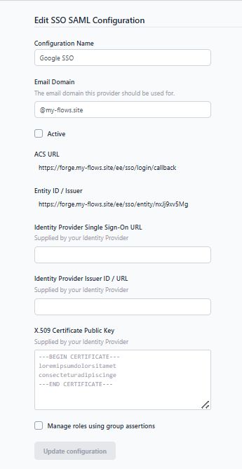 "Screenshot of advance sso form showing the ACS URL and Entity ID and other feilds for configuration"