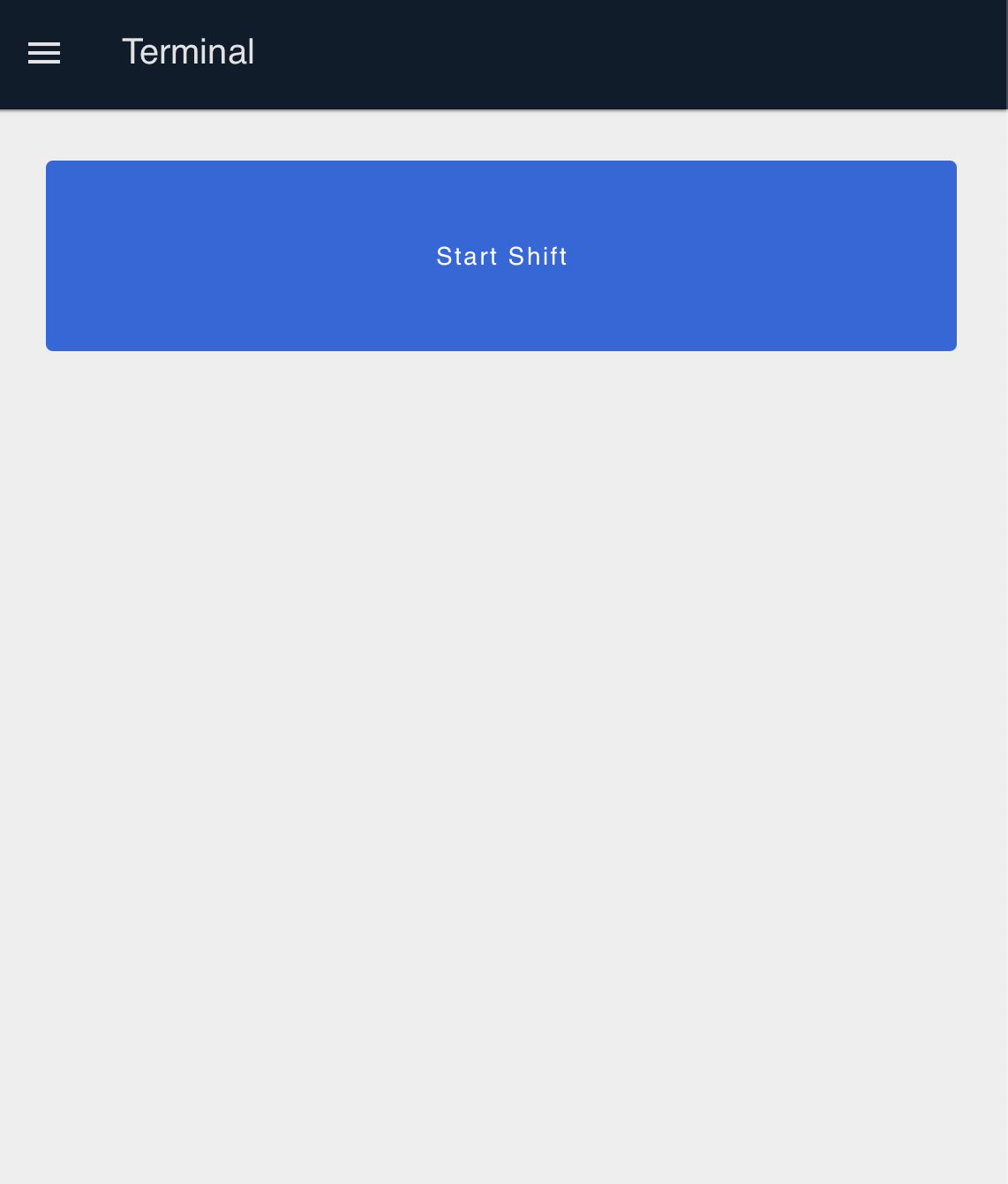 Initial shift start screen with two large buttons labeled Setup and Production