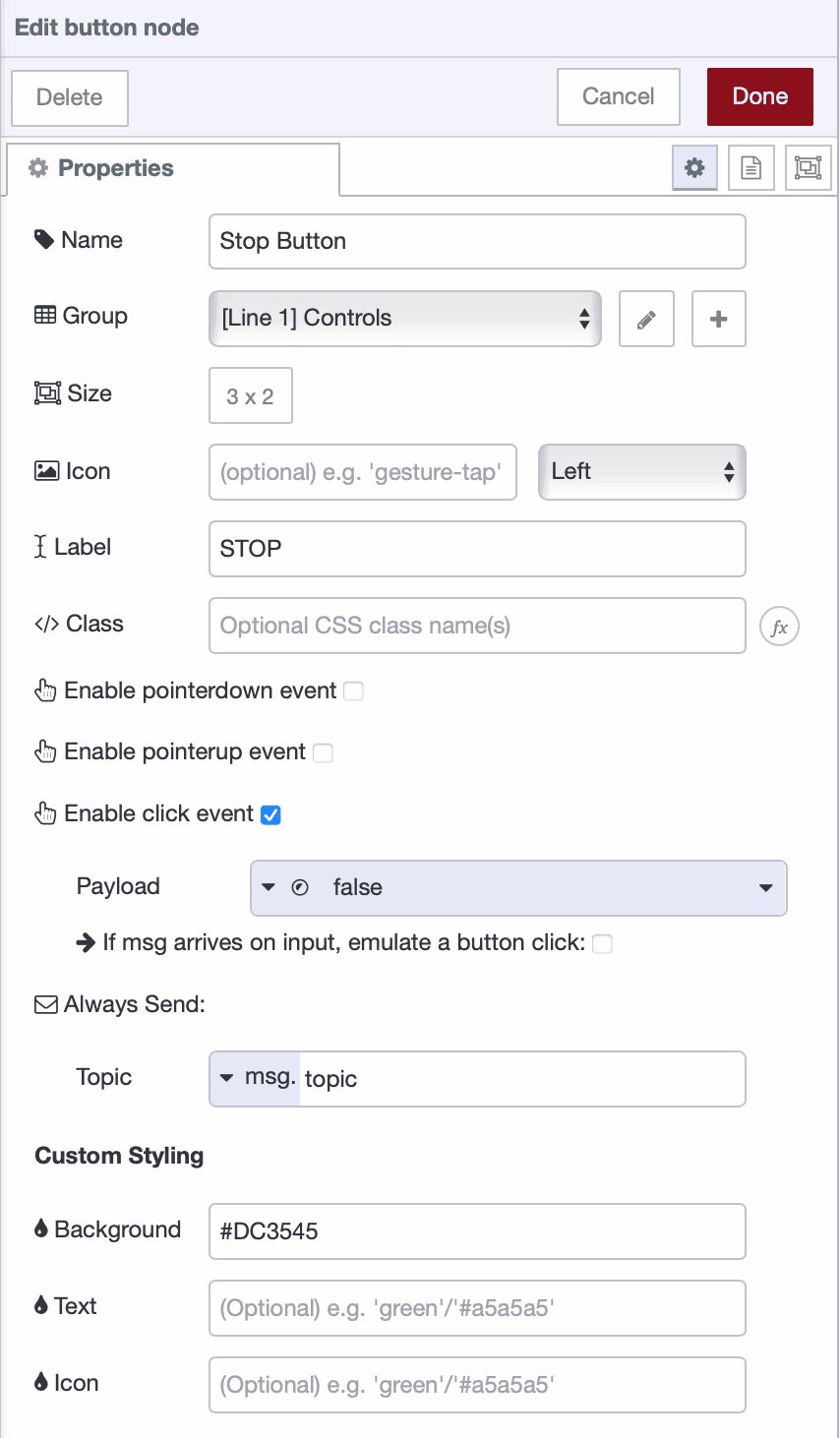 Button node configuration showing Stop label, false payload, and red background color