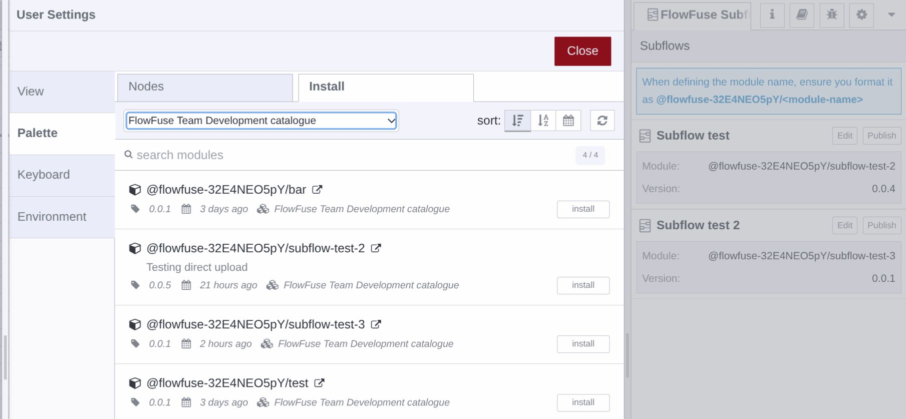 Screenshot of Node-RED Manage Palette showing new SubFlow modules