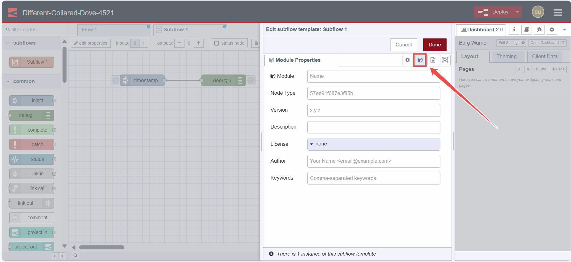 Image showing module tab in the subflow edit dialog