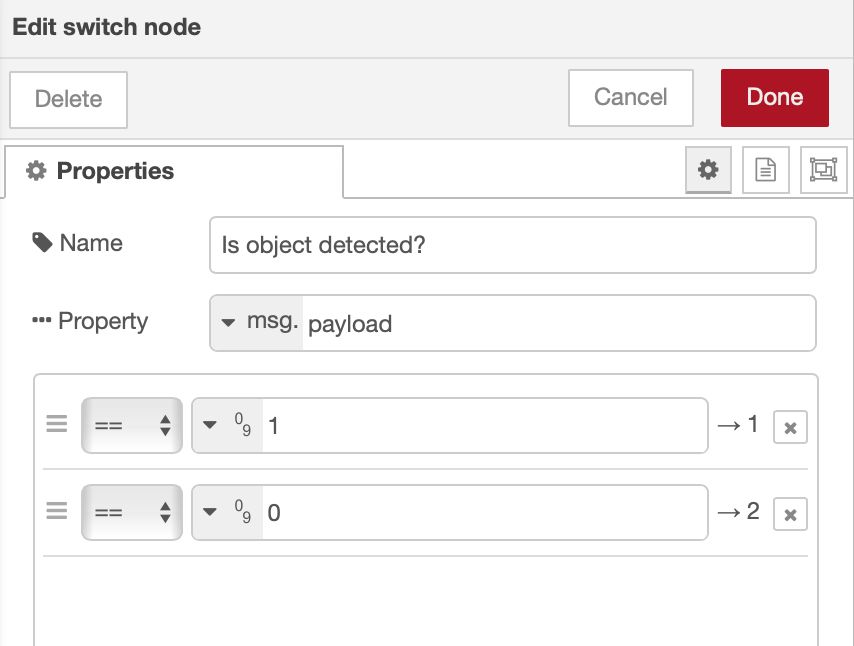 Adding conditions in the Switch node to check if the object is detected or not.