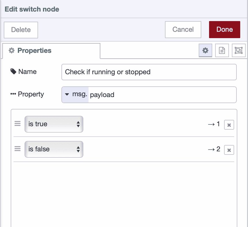 Switch node configuration showing conditions for true and false values