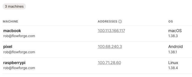 Tailscale dashboard showing my three devices