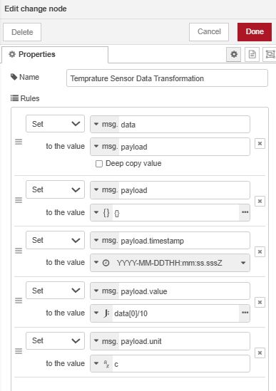 Image showing the Change node rules transforming temperature data