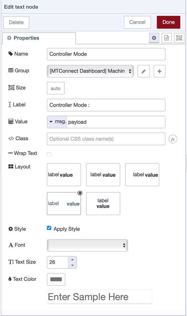 Text widget configuration settings