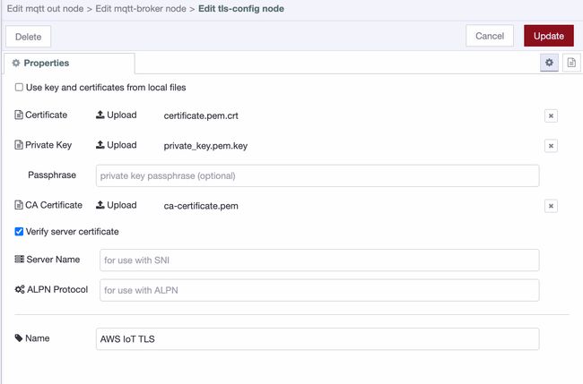 "Node-RED TLS configuration dialog with the device certificate, private key, and CA certificate uploaded and Verify server certificate enabled"