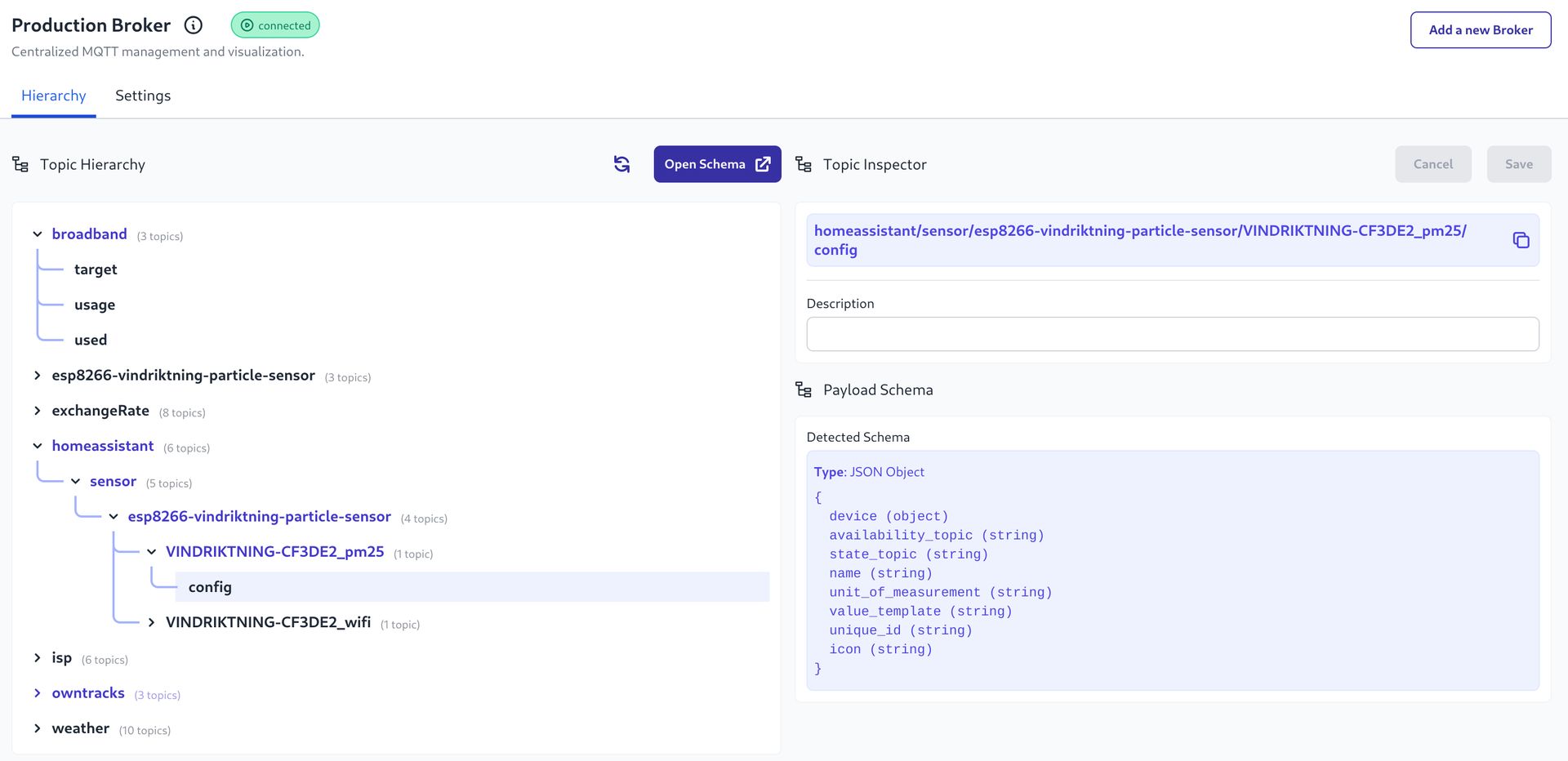 Screenshot of topic and inferred payload schema