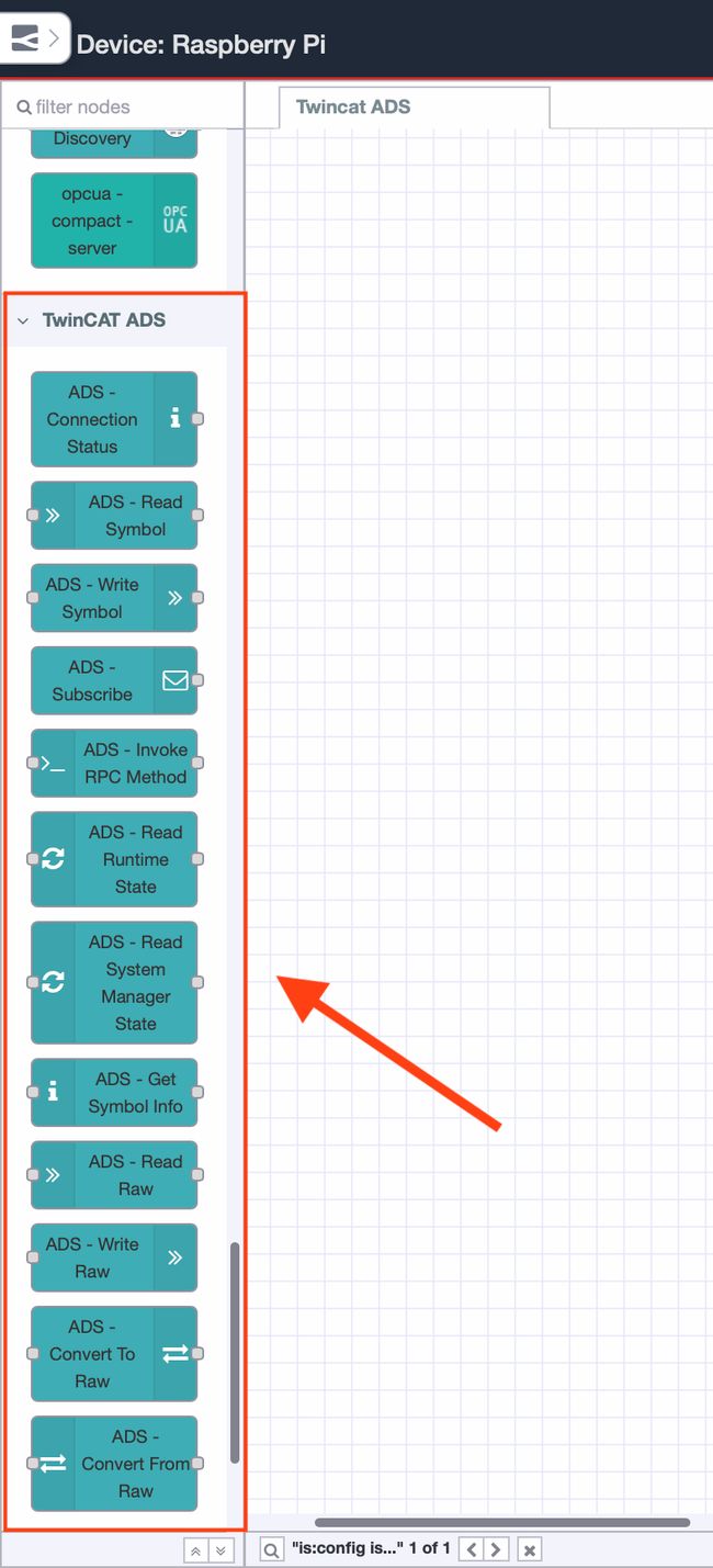 TwinCAT ADS nodes available in the Node-RED palette after installing node-red-contrib-ads-client