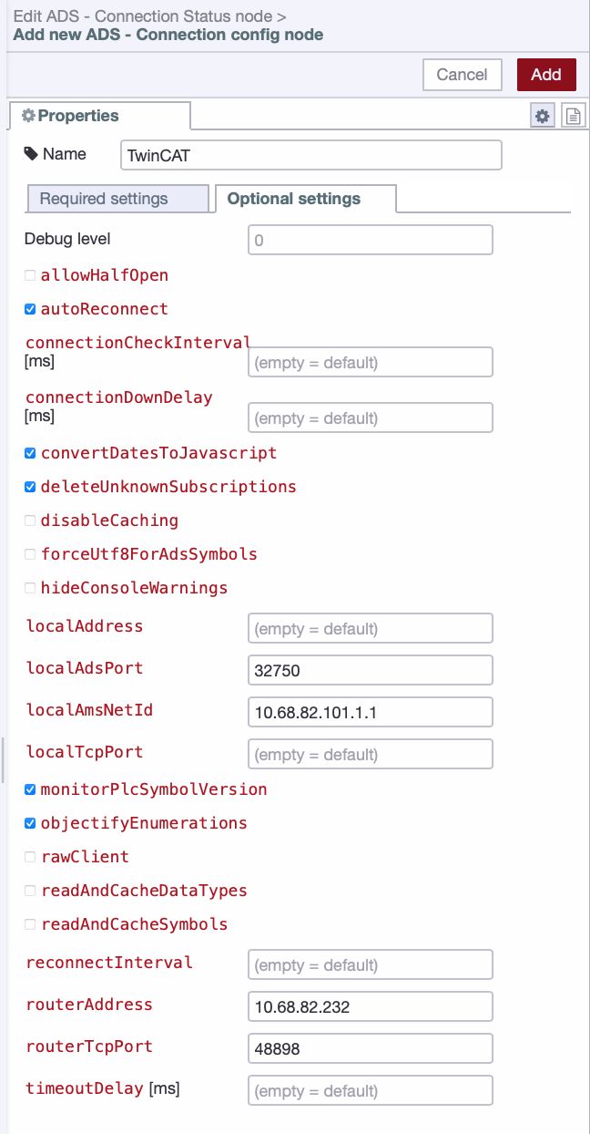 Optional settings tab showing Router Address, Router TCP Port, Local AMS Net ID and Local ADS Port fields