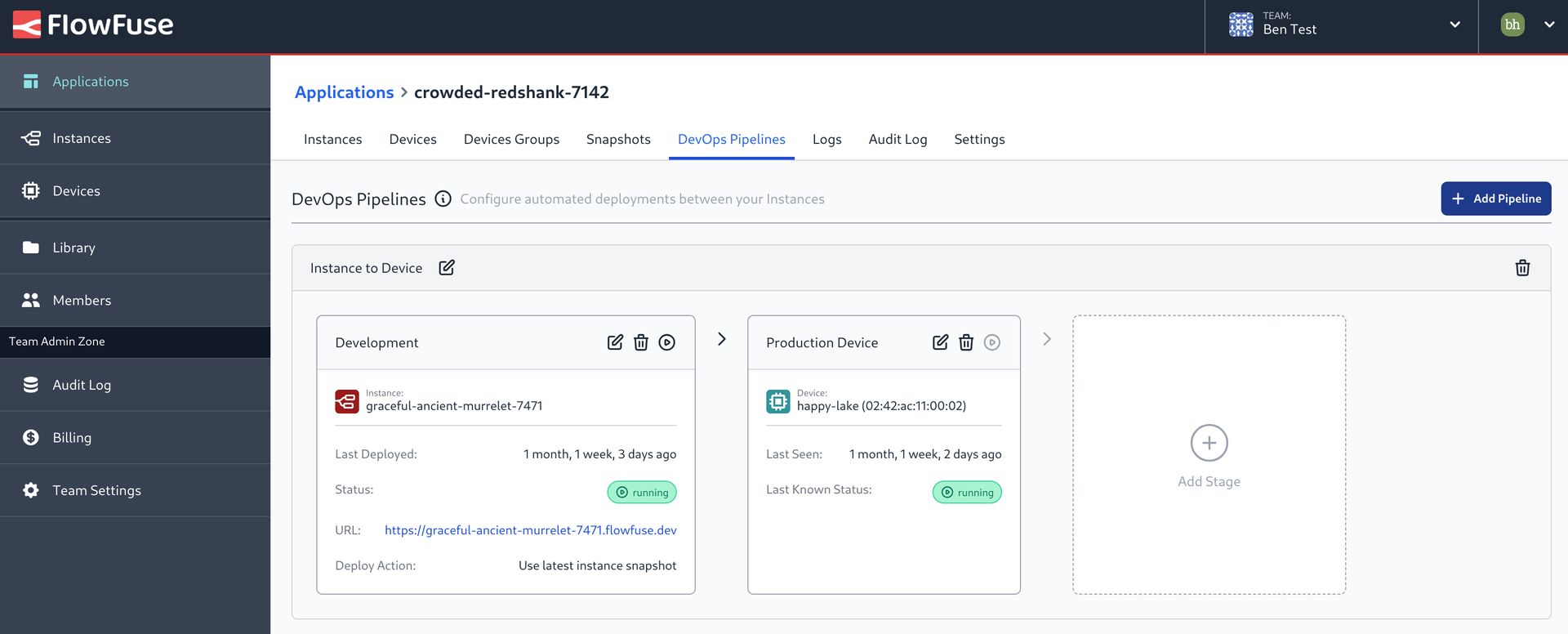 Screenshot showing the user interface for creating and running DevOps Pipelines in FlowFuse