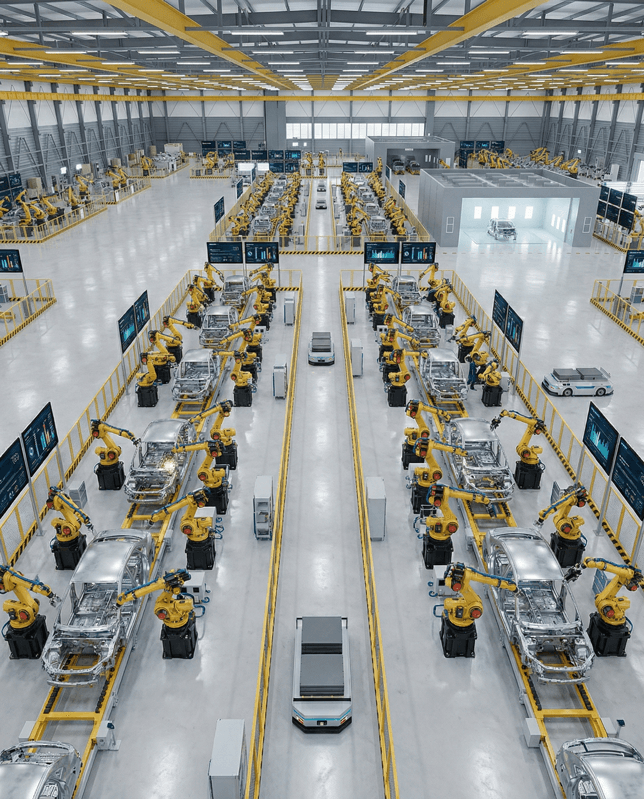 Plant workers looking at a screen with a dashboard