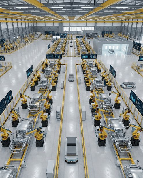 Plant workers looking at a screen with a dashboard