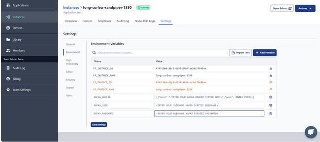 "Screenshot showing adding environment variable in Node-RED"