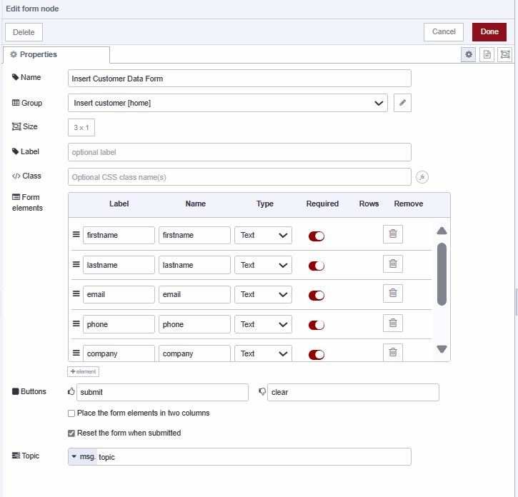 "Screenshot displaying form widget configuration to insert data in MongoDB"