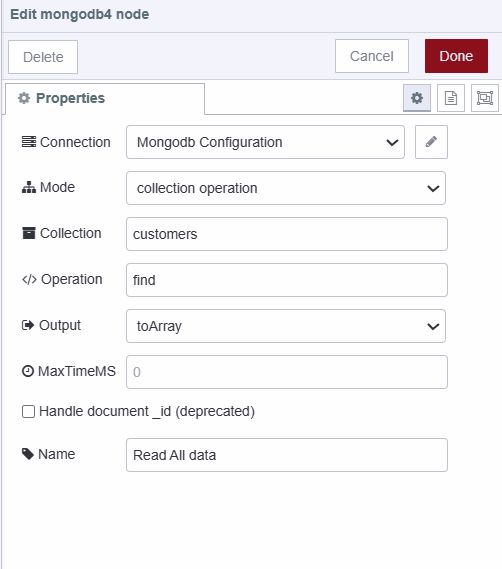 "Screenshot displaying configuration of MongoDB 4 node for retrieving data"