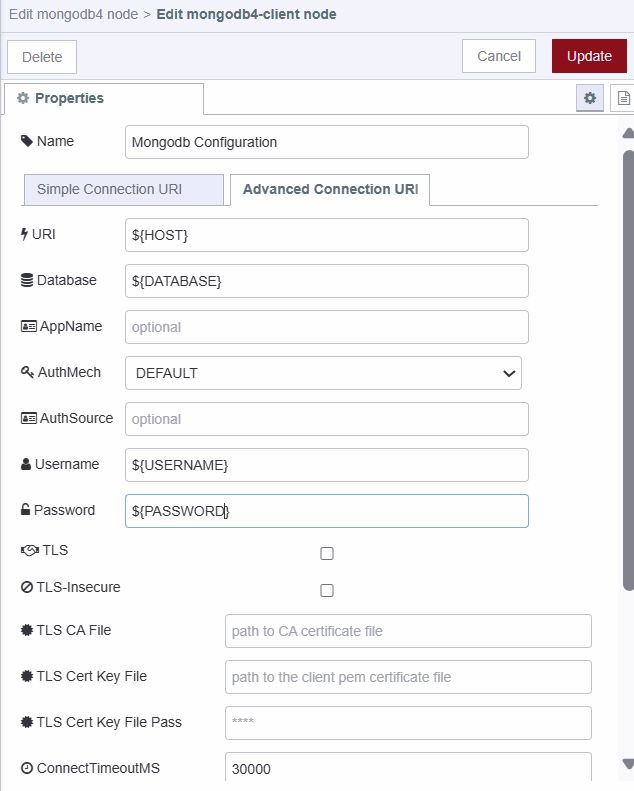 "Screenshot displaying connection configuration of MongoDB 4 node."