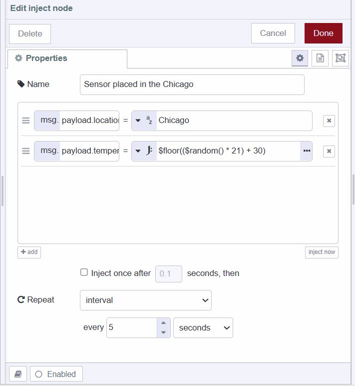 "Screenshot of the inject node generating sensor data for new york city"