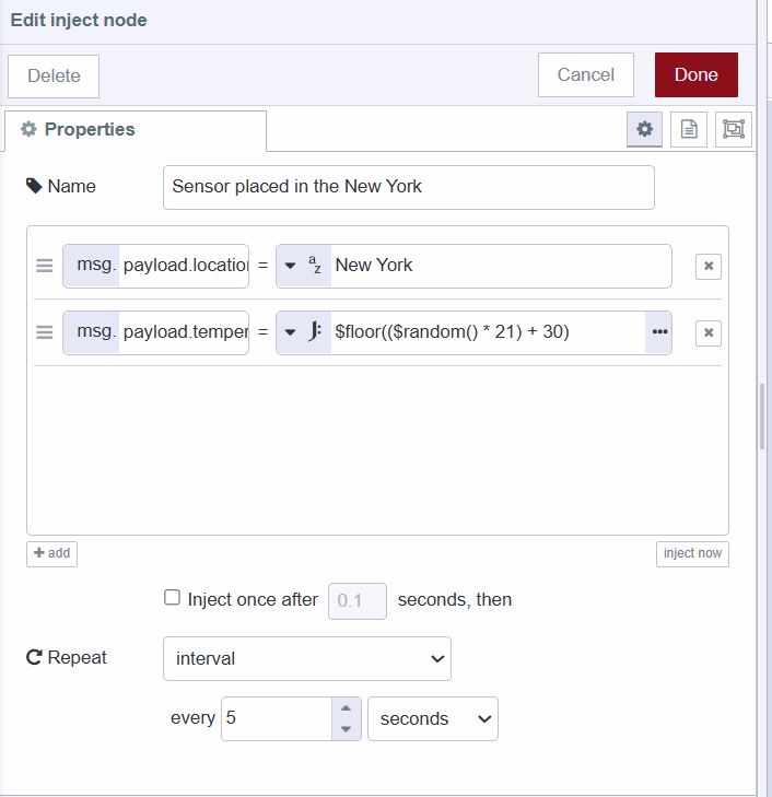 "Screenshot of the inject node generating sensor data for new york city"