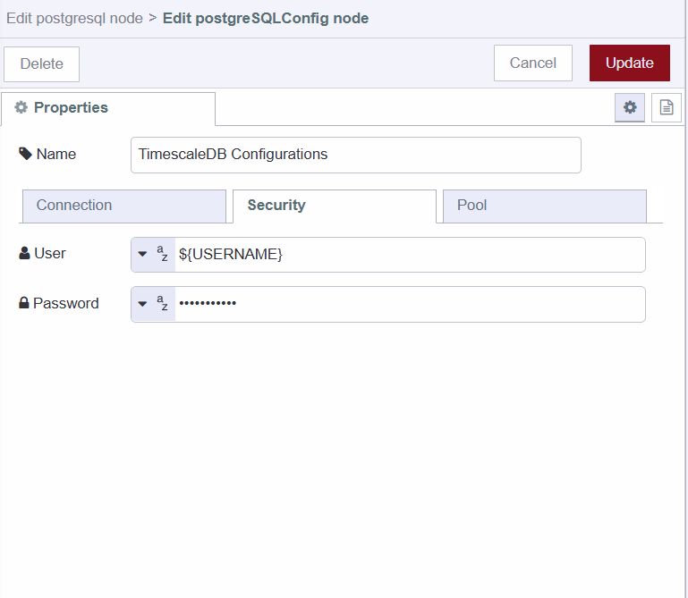 "Screenshot showing PostgreSQL config node's security tab"